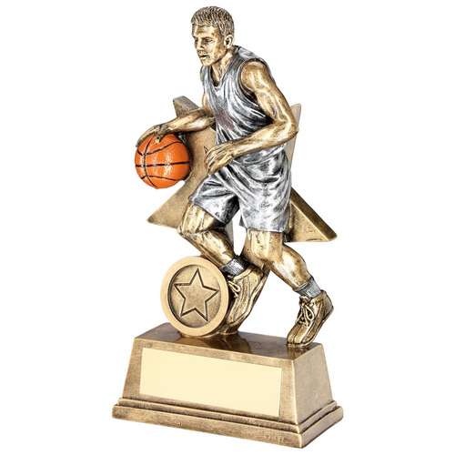 MALE BASKETBALL FIGURE WITH STAR BACKING TROPHY
