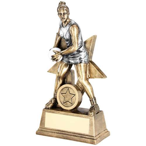 Brz/Pew/White Female Netball Figure with Star Backing Trophy