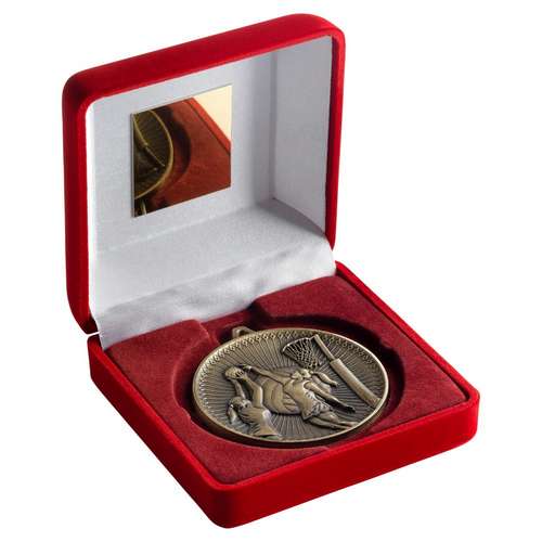 Red Velvet Box and 60mm Medal Netball Trophy