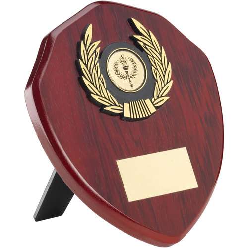 Rosewood shield and gold trim trophy