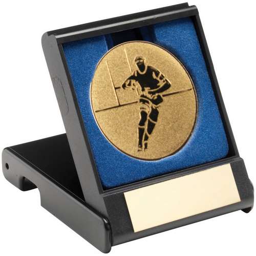 BLACK PLASTIC BOX WITH RUGBY INSERT TROPHY