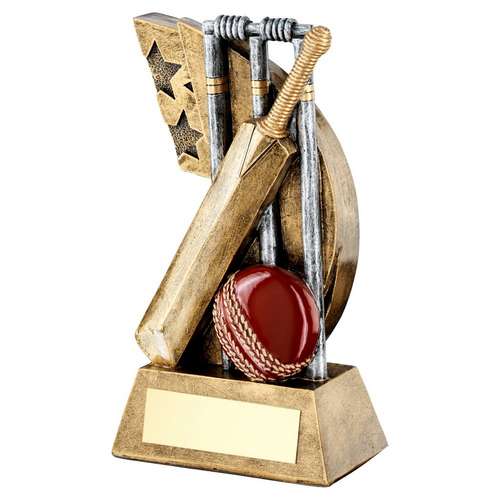Brz/pew/red cricket stumps/bat/ball on star trophy