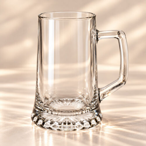 Zeus 1 pint glass tankard with traditional handle and decorative patterned base