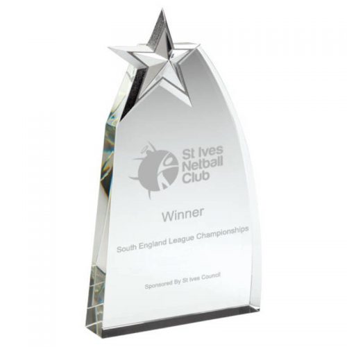 clear glass netball wedge with detailed metal star award
