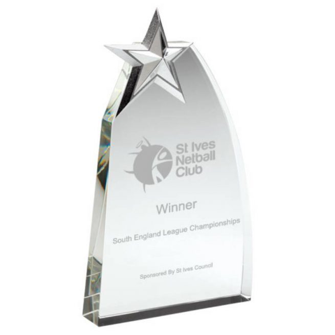 clear glass netball wedge with detailed metal star award