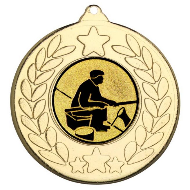 Fishing man with rod star and wreath medal