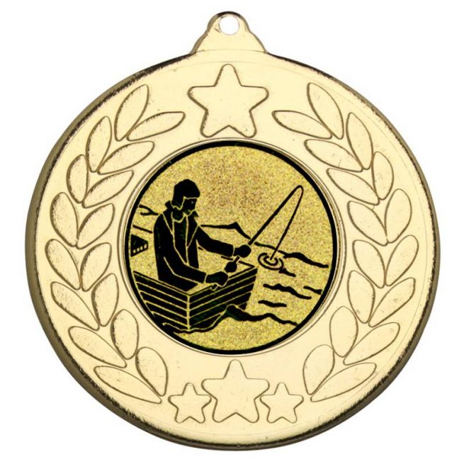 fishing man with rod on boat star wreath medal