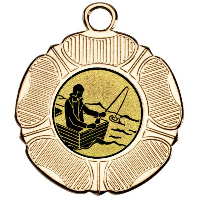 fishing man with rod on boat tudor rose medal