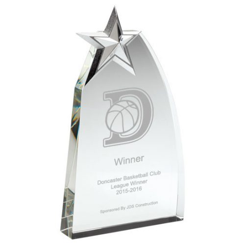 JB1500 Basketball Clear Glass Trophy With Metal Star