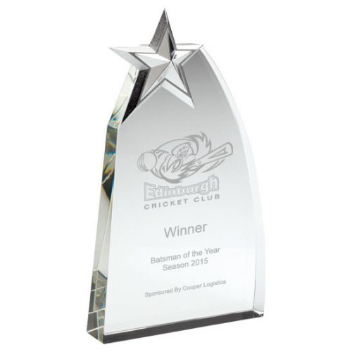 JB1500 Cricket Clear Glass Trophy With Metal Star