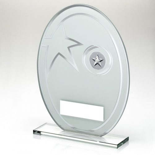 TD659G-WHITE/SILVER PRINTED GLASS OVAL TROPHY