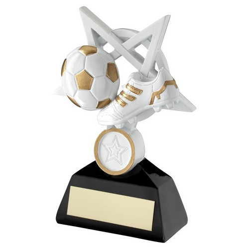 RF750-WHITE/GOLD/BLACK FOOTBALL AND BOOT ON STARS TROPHY
