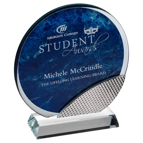 Blue Marble Backed Clear Glass Circle Award