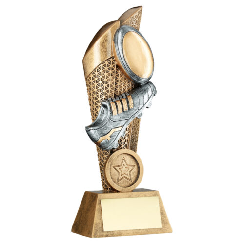 Rugby Ball & Boot on Mesh Backdrop Trophy