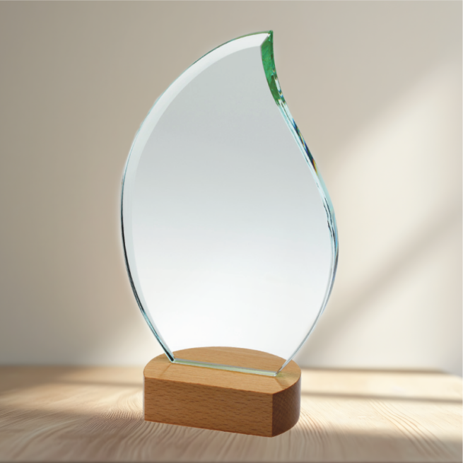 Clear Glass Tear Drop on Light Wood Base