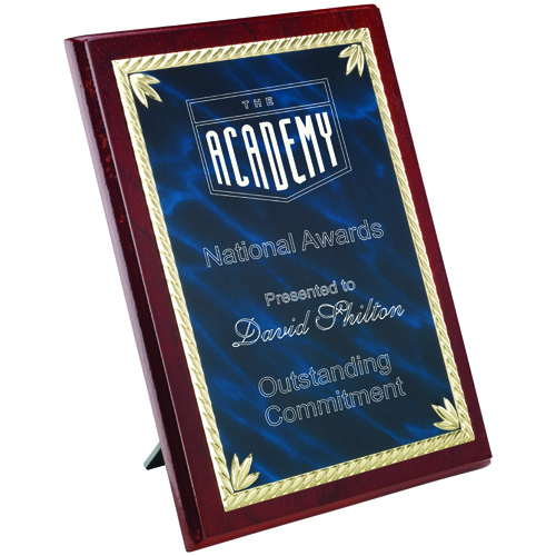 Rosewood Plaque with Blue/Gold Aluminium Front