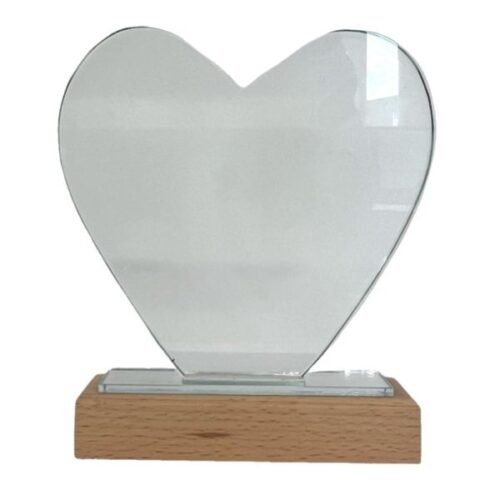 Clear Glass Heart on Light Wood Base