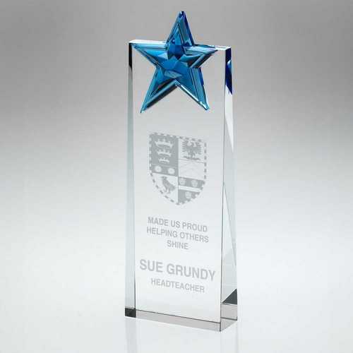 Clear Glass Wedge Award with Blue Star