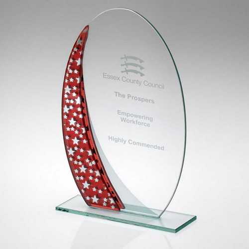 Oval Glass Award With Red & Silver Detail