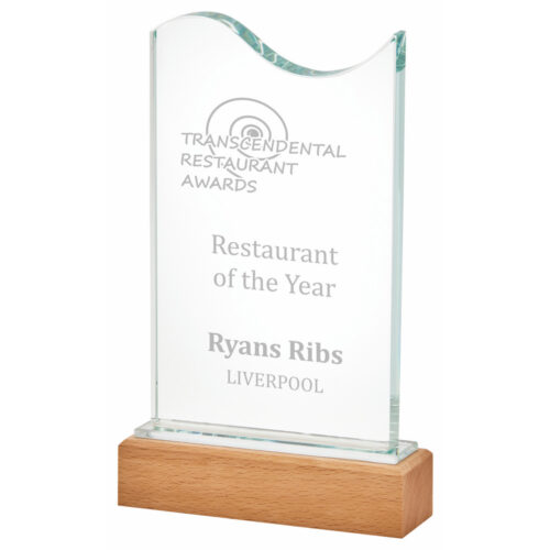 Wave Top Glass Award on Wooden Base