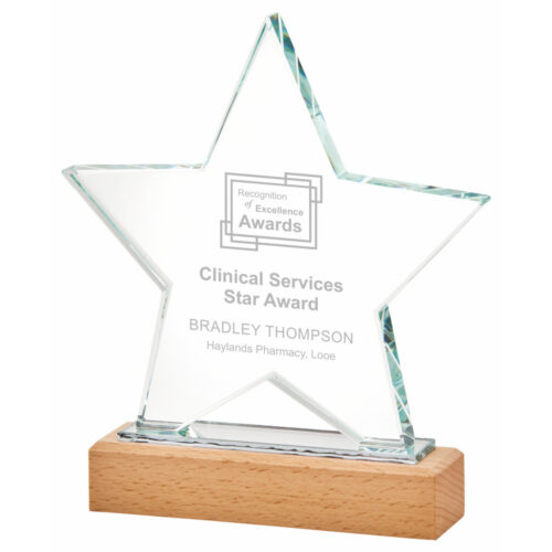 Star Glass Award on Wooden Base