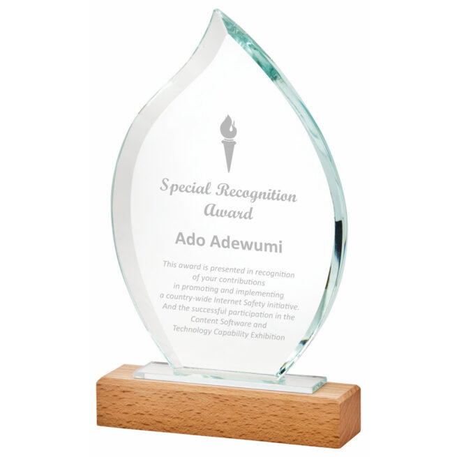 Tear Drop Glass Award on Wooden Base