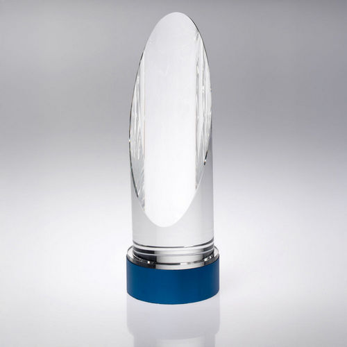 Clear Glass Round Column on Blue Metal Base