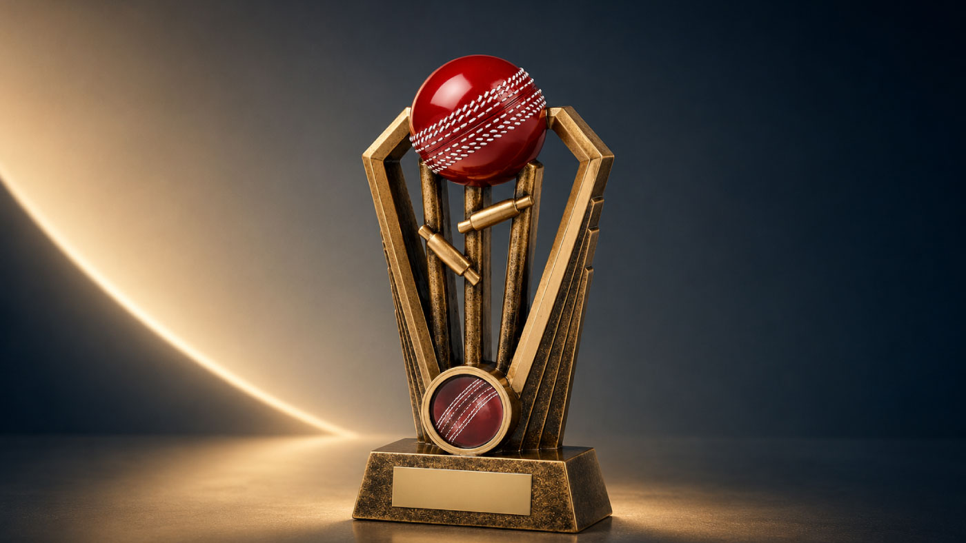 Cricket presentation trophy displayed in a clubhouse setting.