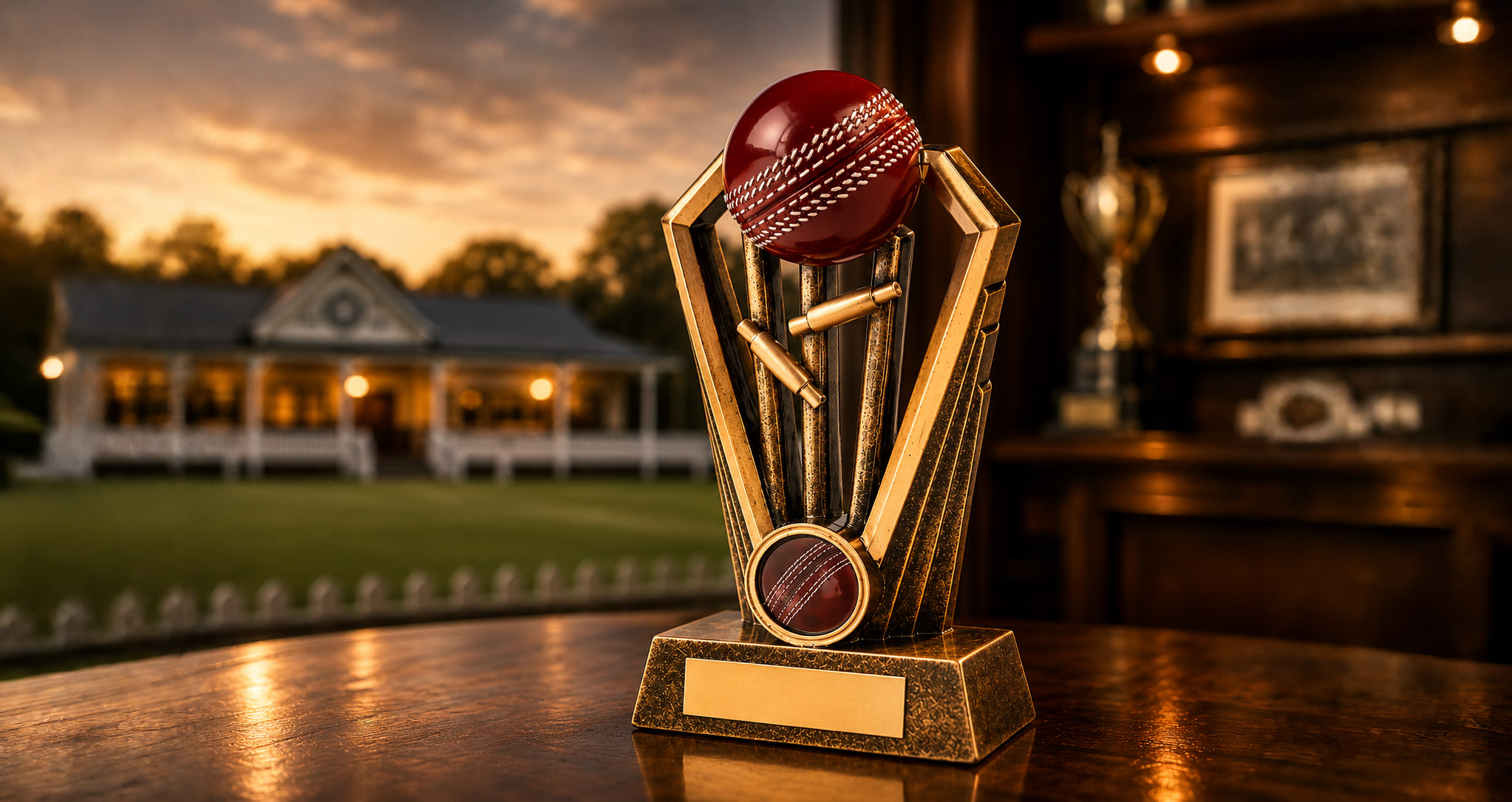 Cricket presentation trophy displayed in a clubhouse setting.