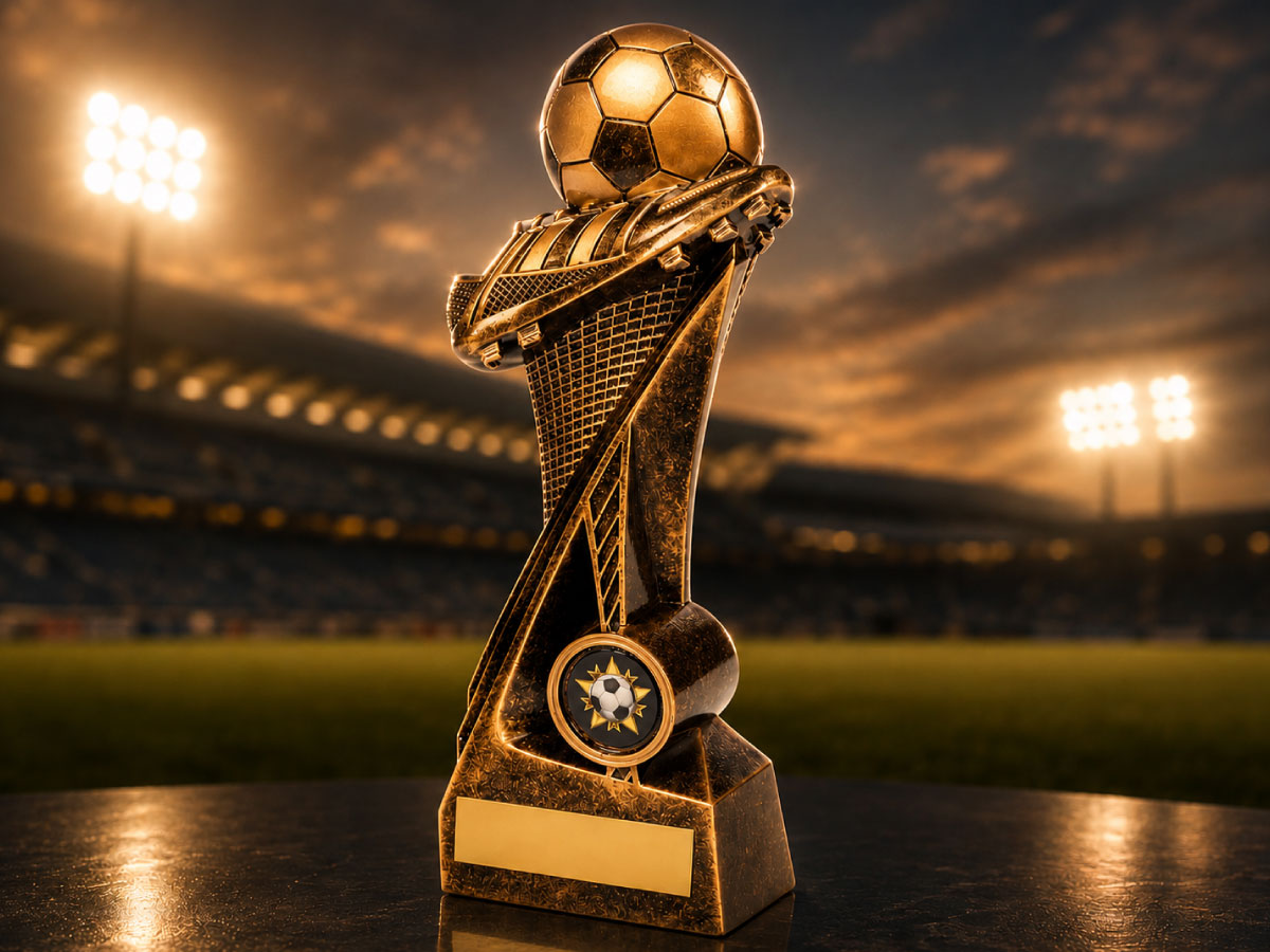 Football presentation trophy displayed in a stadium setting.