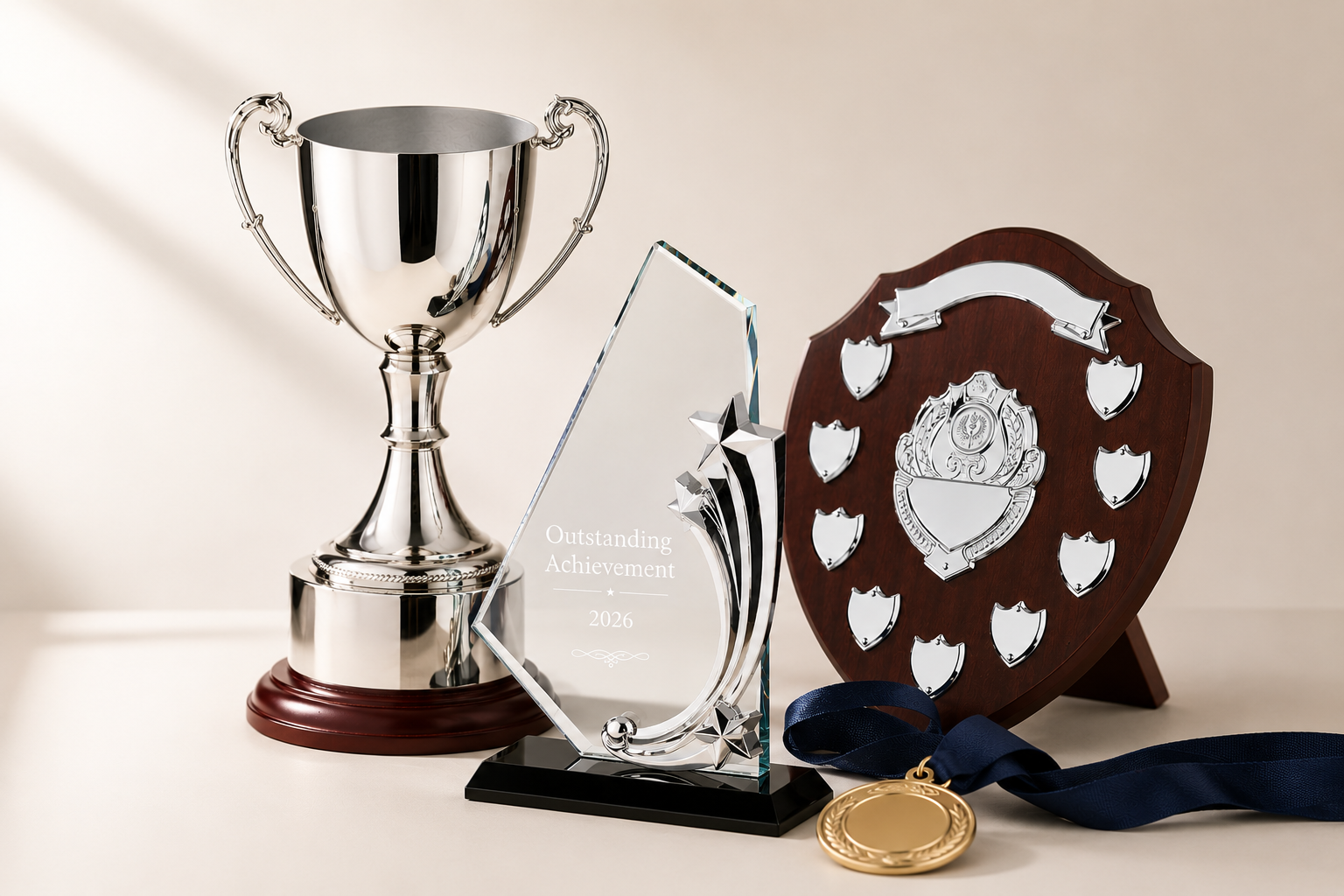 A selection of professionally prepared trophies, medals and engraved awards