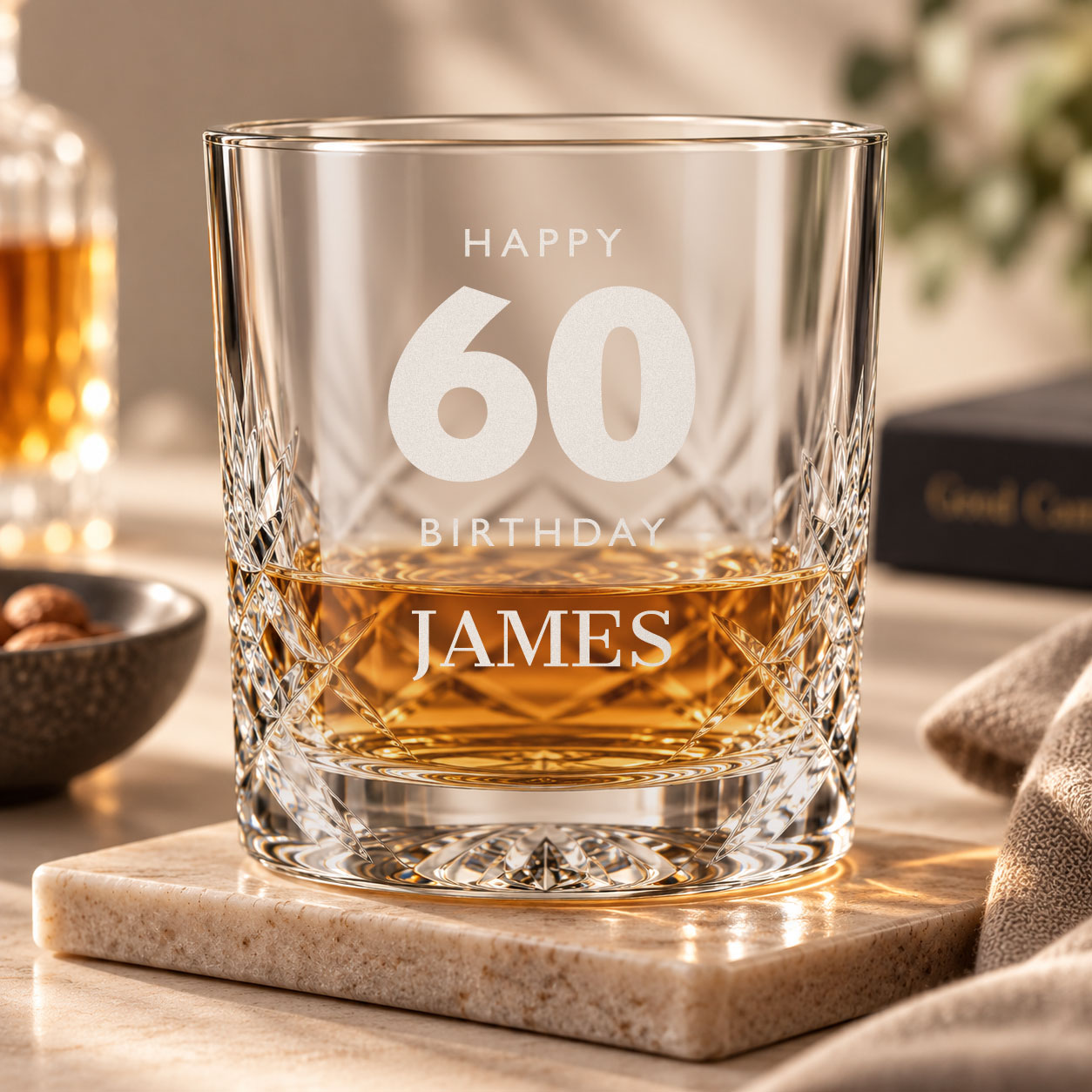 Personalised cut crystal whisky tumbler engraved for a 60th birthday