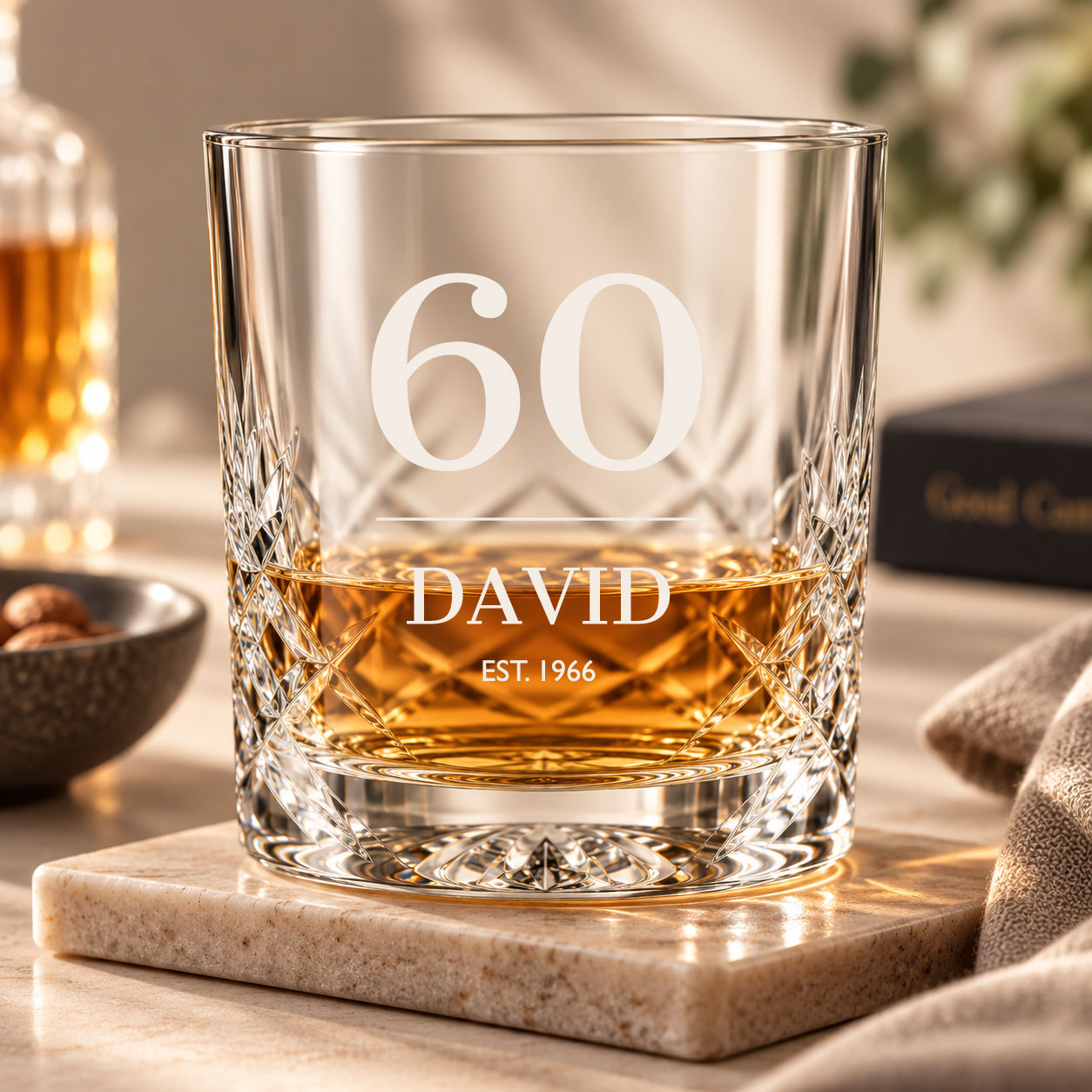 Personalised cut crystal whisky tumbler engraved for a 60th birthday