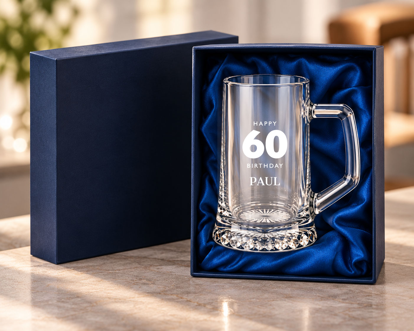 Zeus glass tankard presented in a navy gift box with blue satin lining