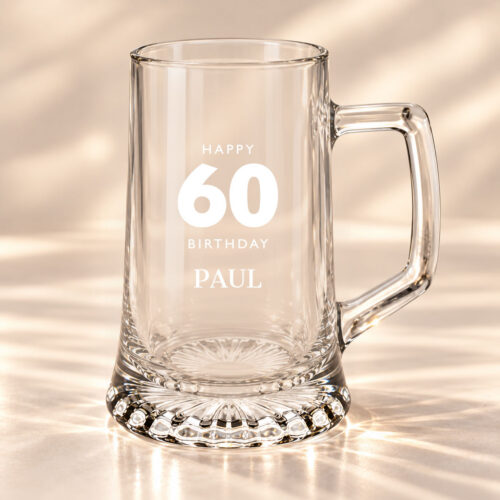 Zeus 1 pint glass tankard with traditional handle and decorative patterned base personalised with bold milestone engraving