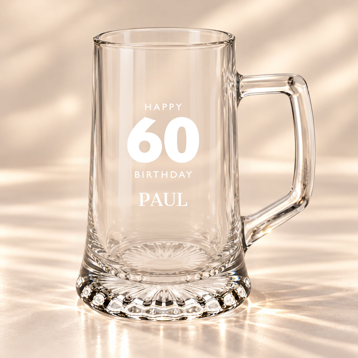 Zeus 1 pint glass tankard with traditional handle and decorative patterned base personalised with bold milestone engraving