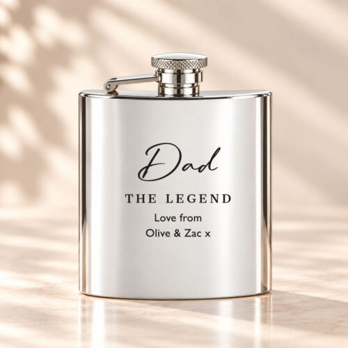 Personalised brushed stainless steel hip flask with Dad The Legend black engraving